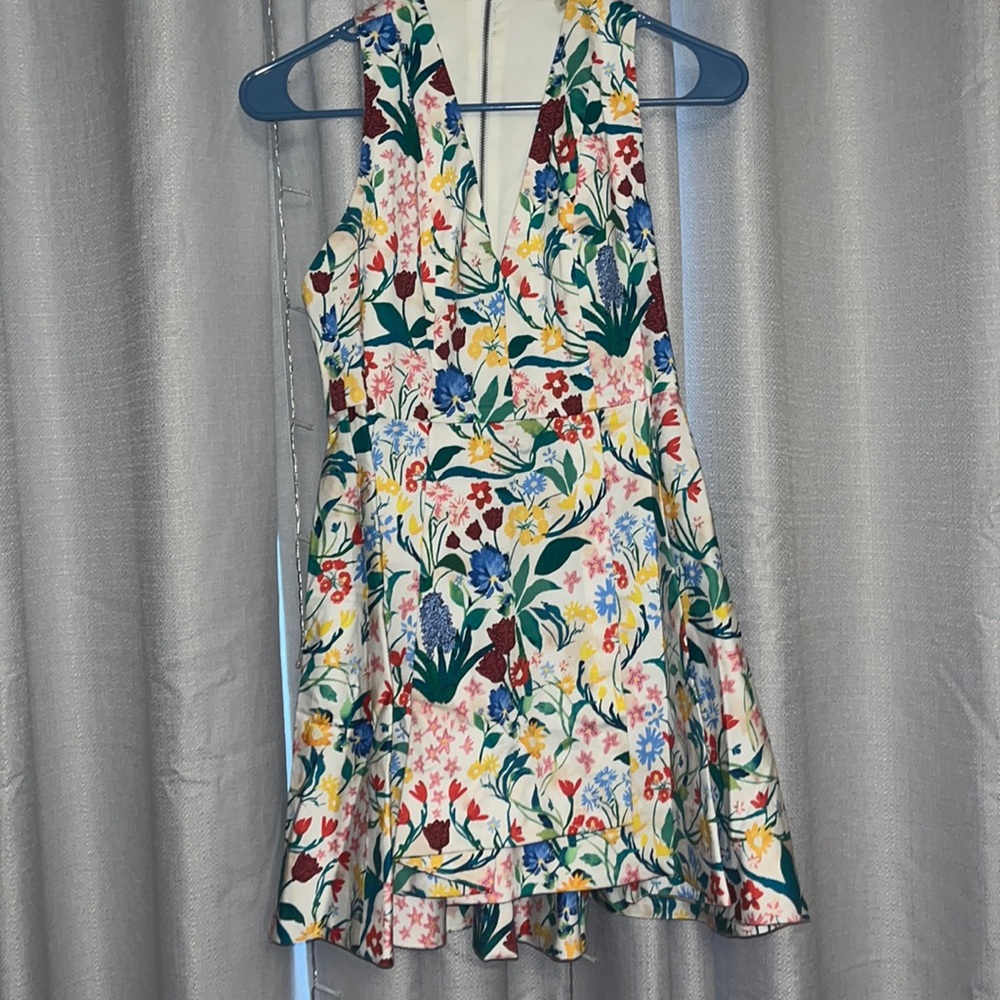 Alice + Olivia Floral V-Neck Multicolor Fit-and-Flare Dress